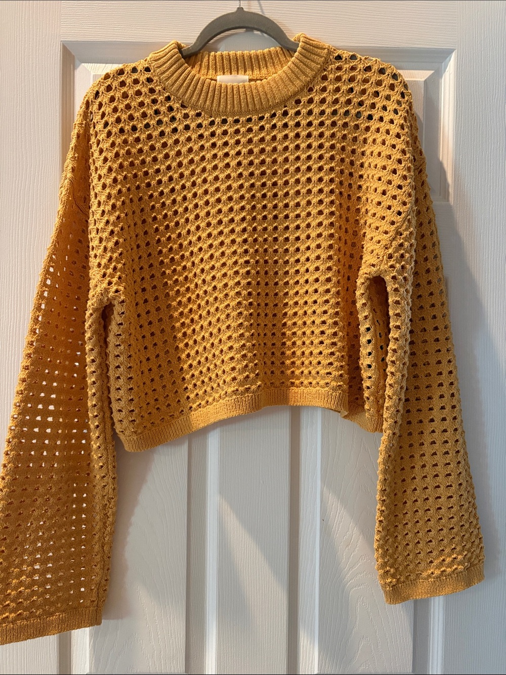 H&M Mustard Open-Weave Cropped Crew Sweater